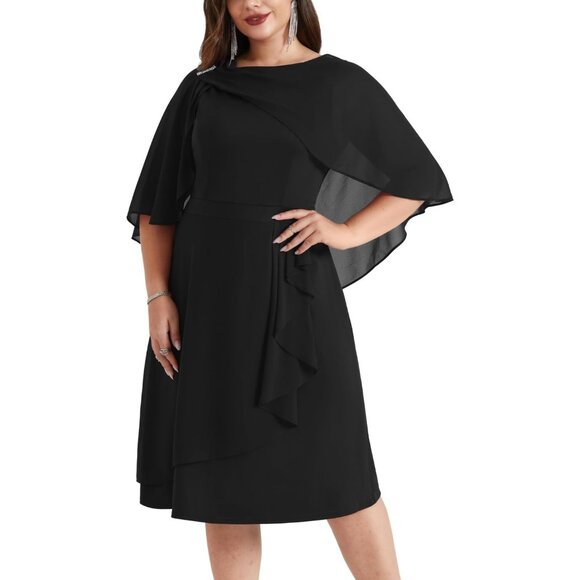 Plus Size Women's Chiffon Cape Cocktail Dress A-Line Ruffles for Formal Events - Picture 1 of 5